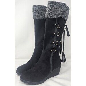 I Love Billy BettyBoo Black Faux Suede Knee High Winter Zip Tye Boots Sz 41